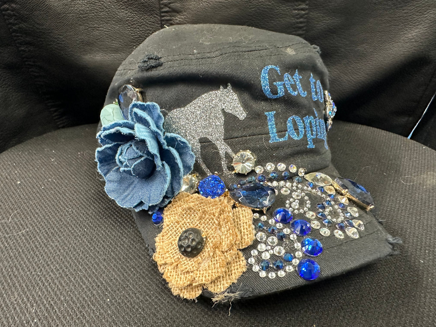 Fancy black cap GET TO LOPING with gorgeous blue design