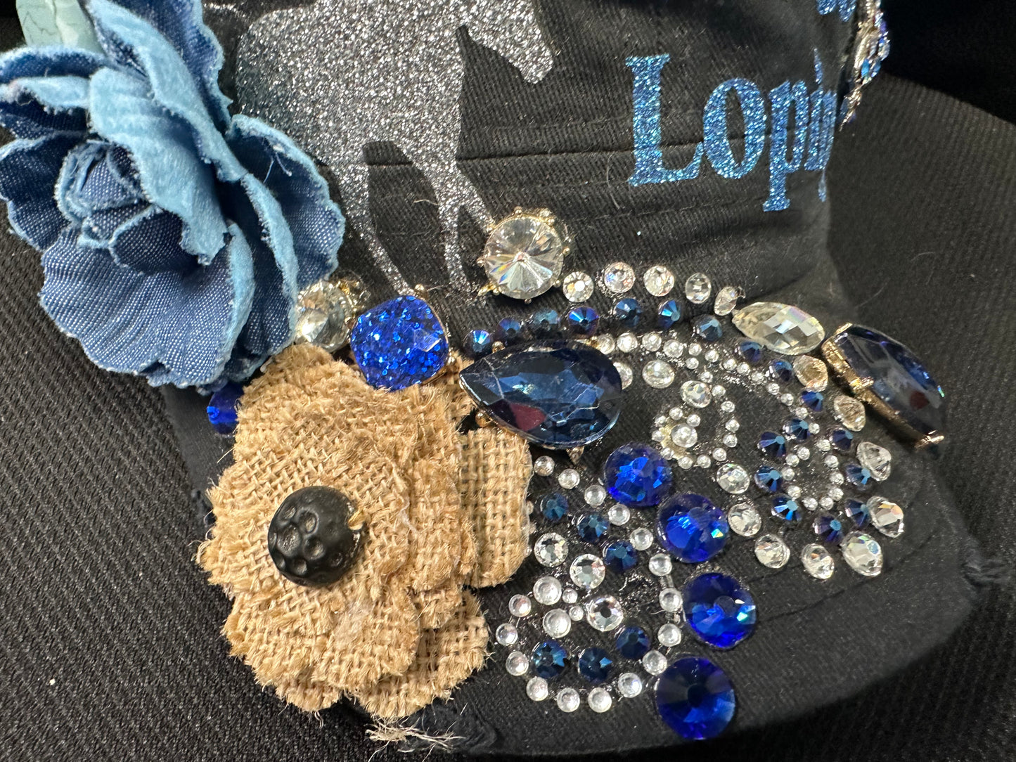 Fancy black cap GET TO LOPING with gorgeous blue design