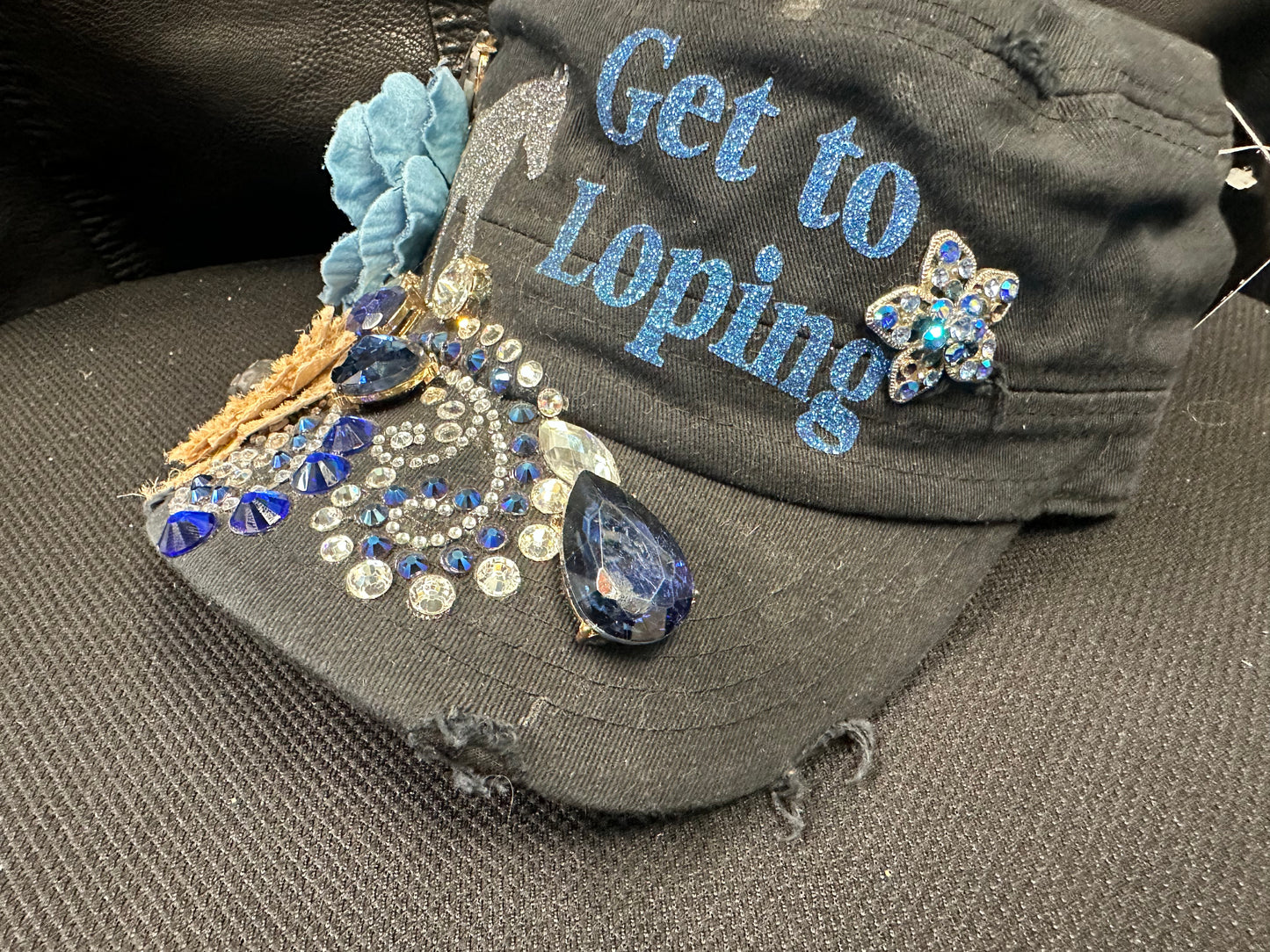 Fancy black cap GET TO LOPING with gorgeous blue design