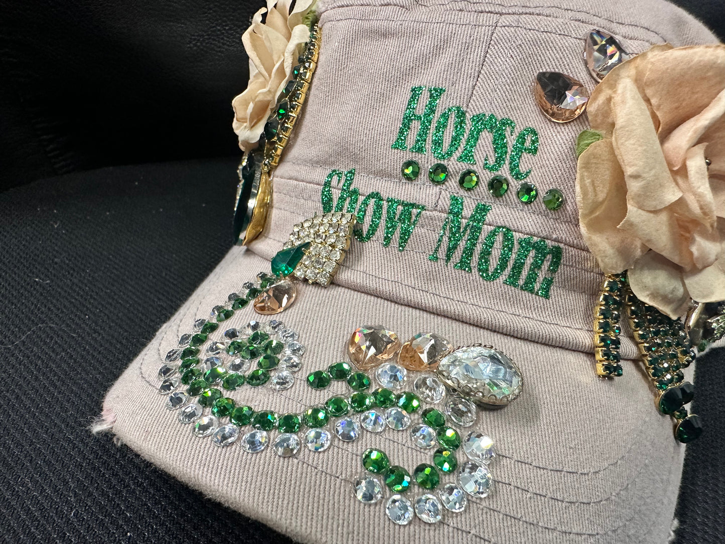 Fancy tan cap HORSE SHOW MOM with gorgeous emerald green design