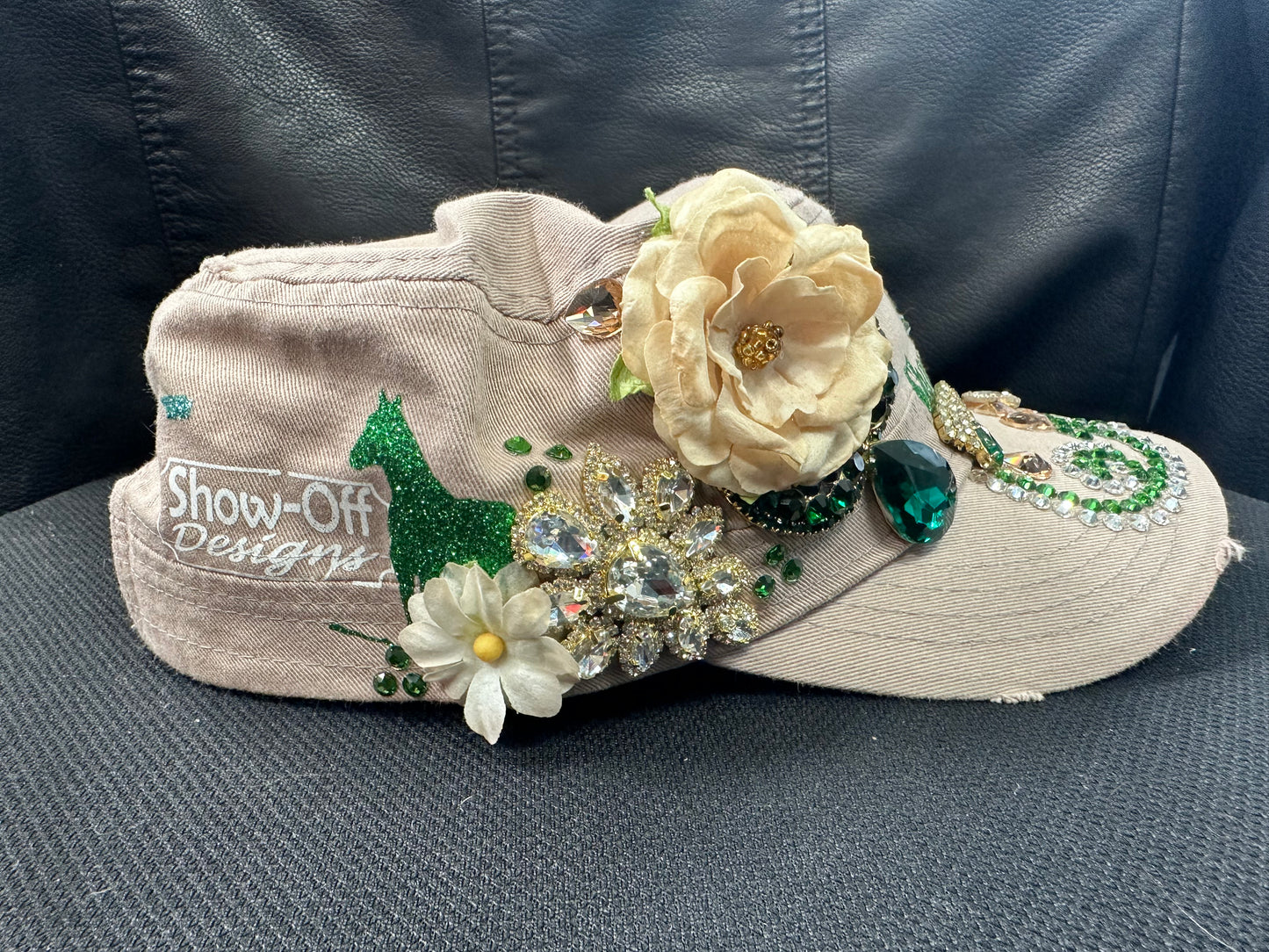 Fancy tan cap HORSE SHOW MOM with gorgeous emerald green design