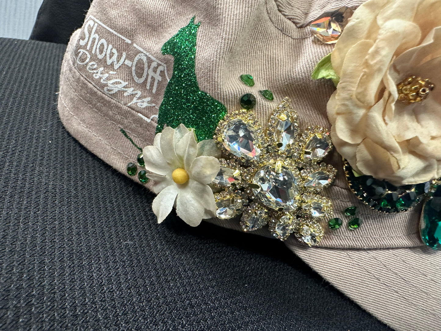 Fancy tan cap HORSE SHOW MOM with gorgeous emerald green design