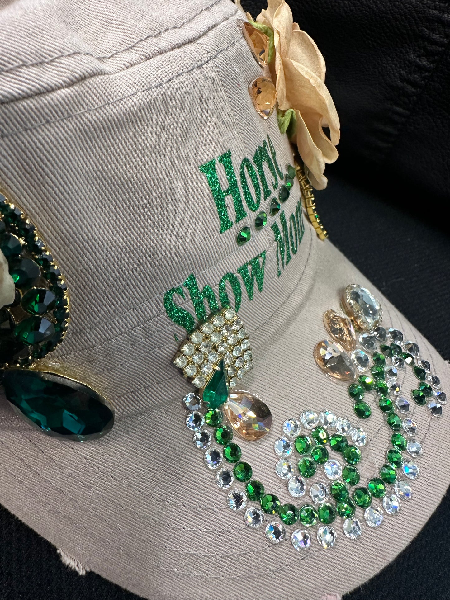 Fancy tan cap HORSE SHOW MOM with gorgeous emerald green design