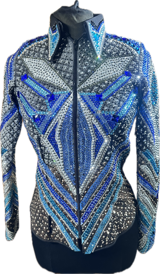 Medium Showmanship Jacket black with purples, turquoise and white