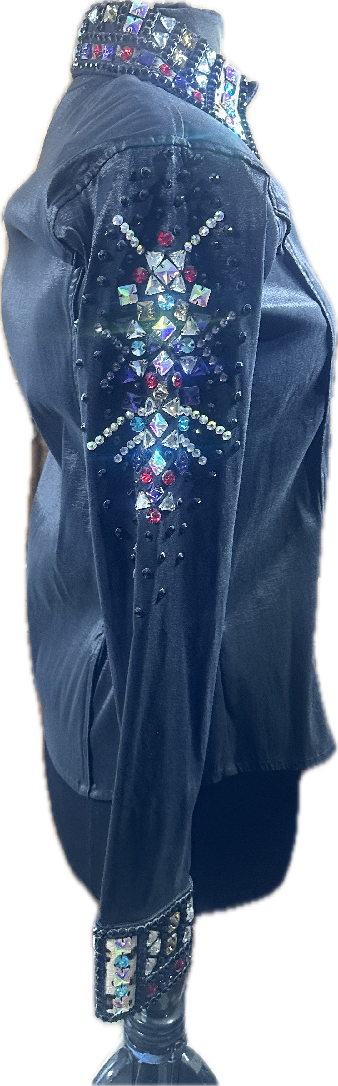 Medium black stretch taffeta day shirt. Red and blue crystals