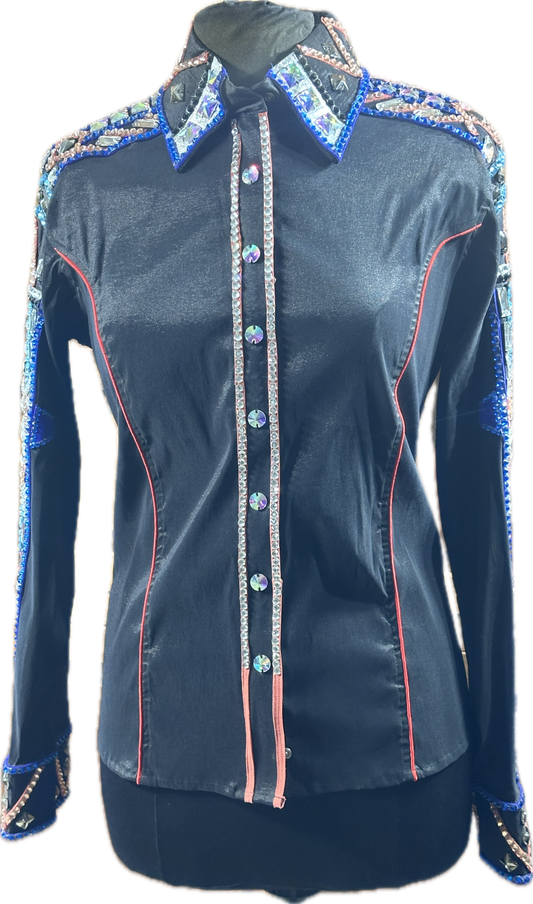 XXL black Stretch Taffeta Day Shirt with royal blue, pink and aqua with red piping