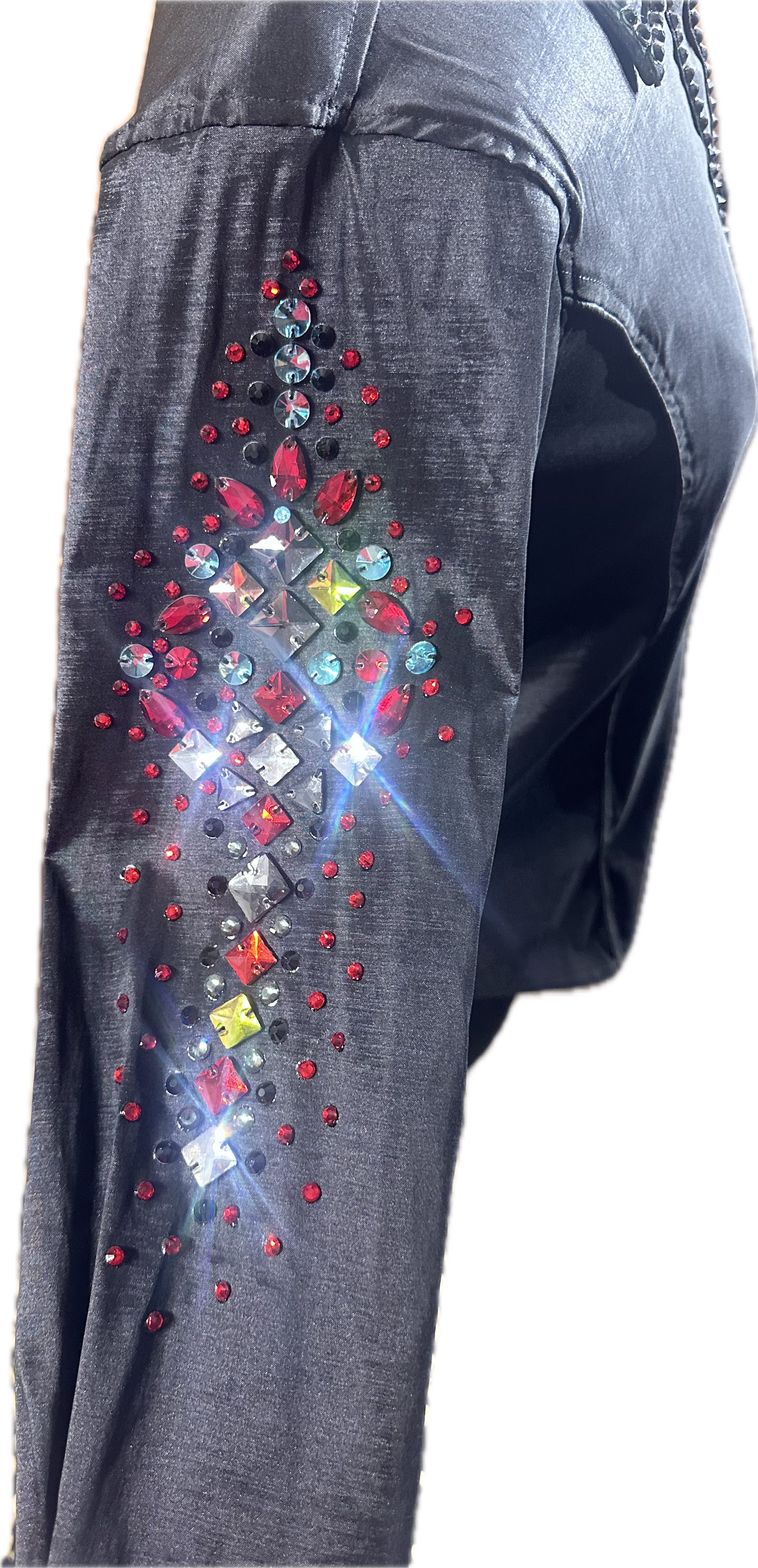 Size medium stretch black with red and blue crystal accents