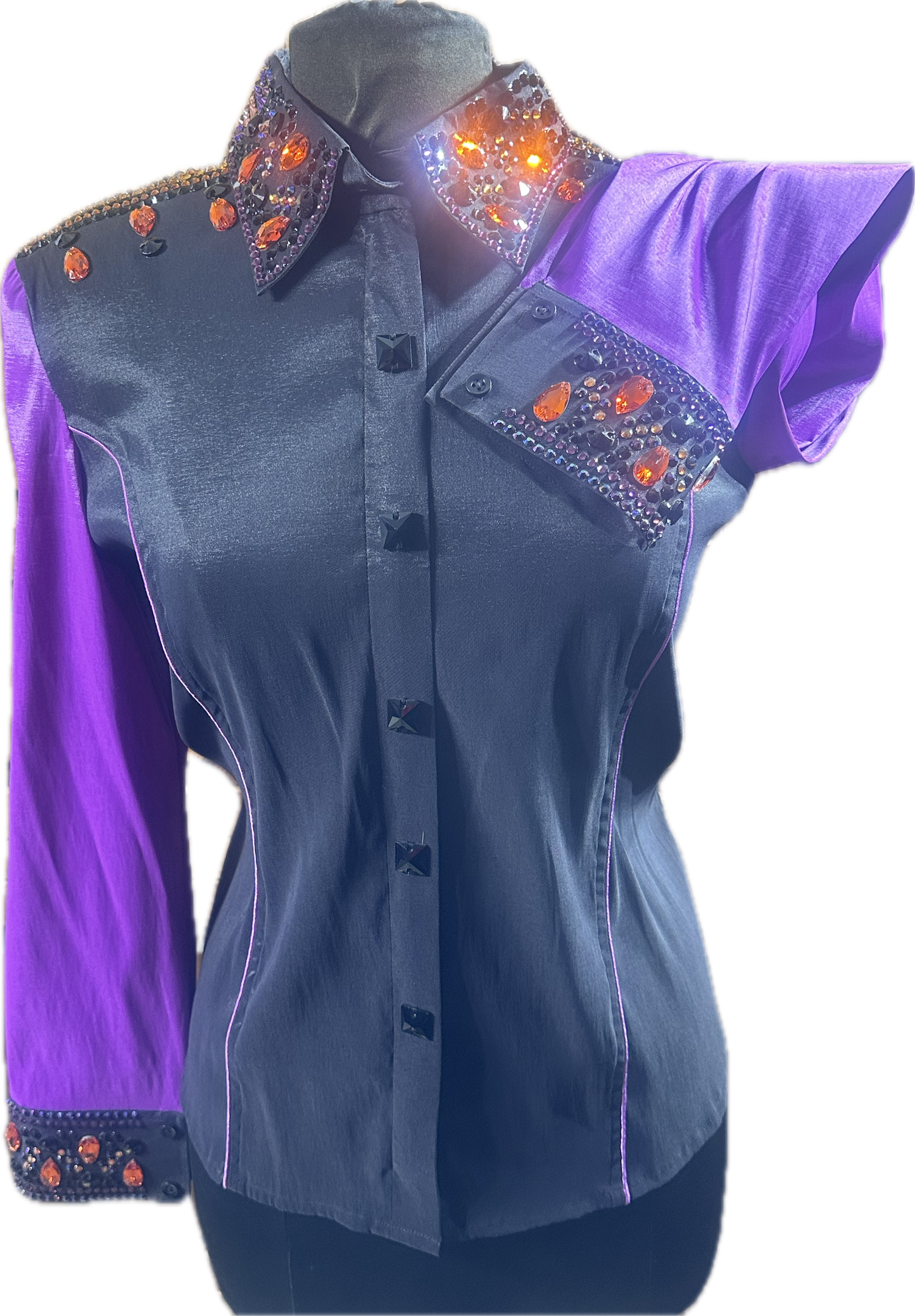 XXL black Stretch Taffeta Day Shirt with purple sleeves. Accents of orange crystals