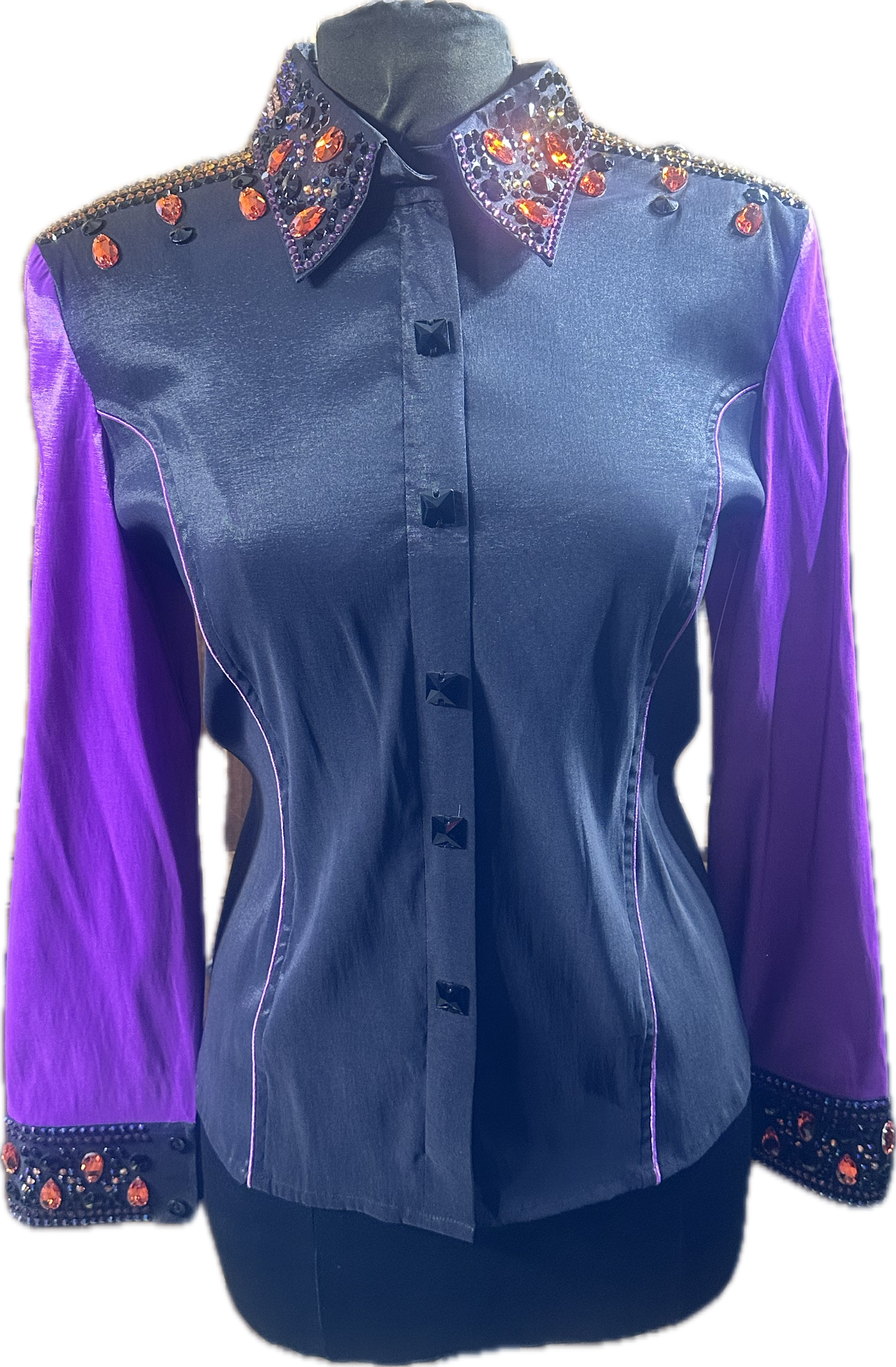 XXL black Stretch Taffeta Day Shirt with purple sleeves. Accents of orange crystals