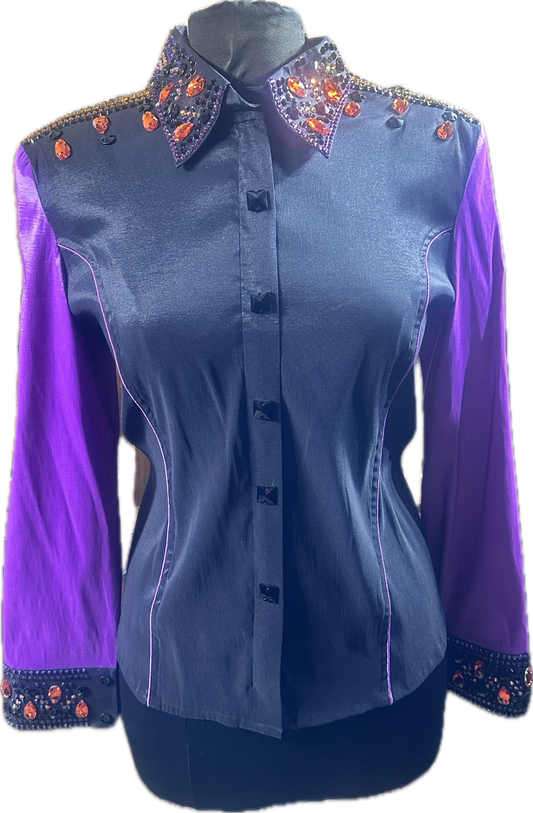 XXL black Stretch Taffeta Day Shirt with purple sleeves. Accents of orange crystals