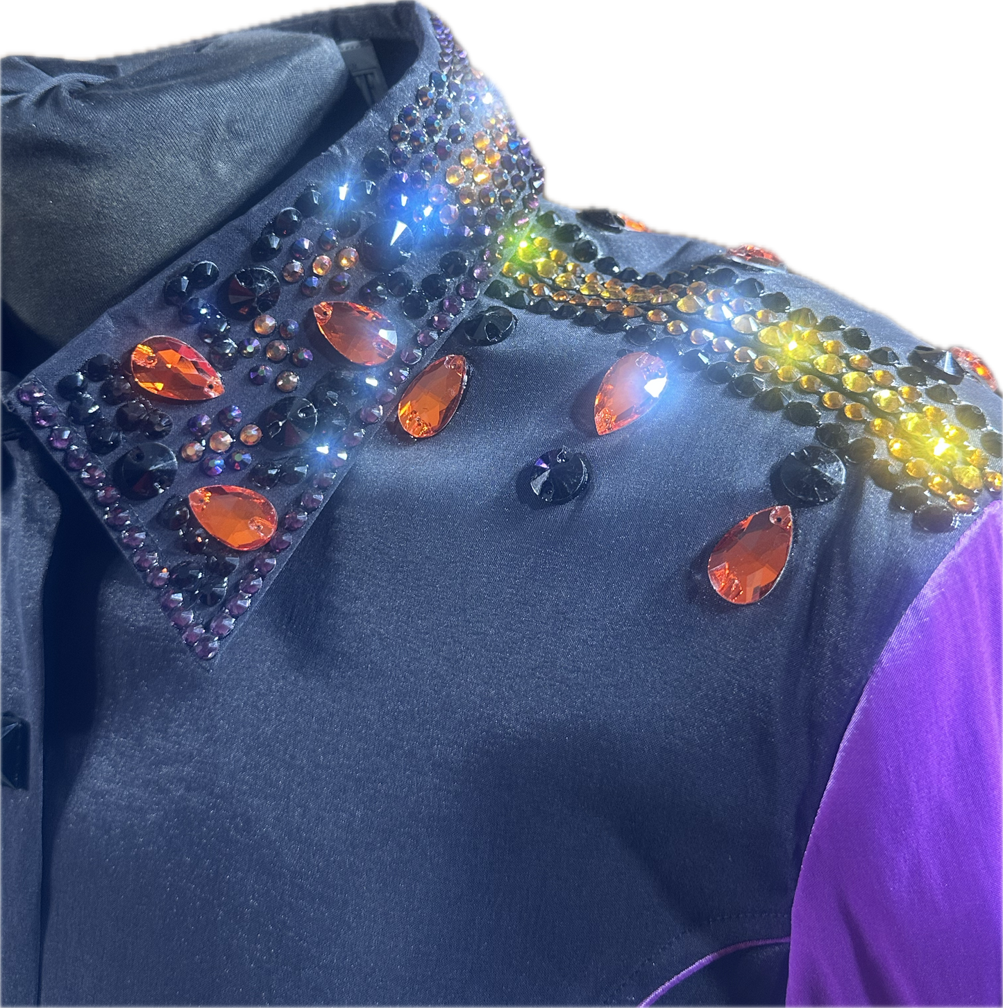 XXL black Stretch Taffeta Day Shirt with purple sleeves. Accents of orange crystals