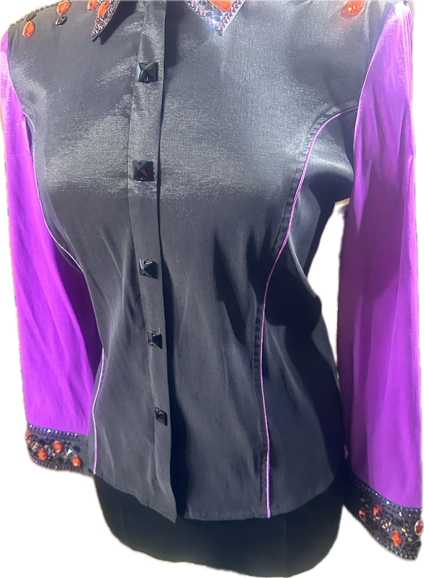 XXL black Stretch Taffeta Day Shirt with purple sleeves. Accents of orange crystals