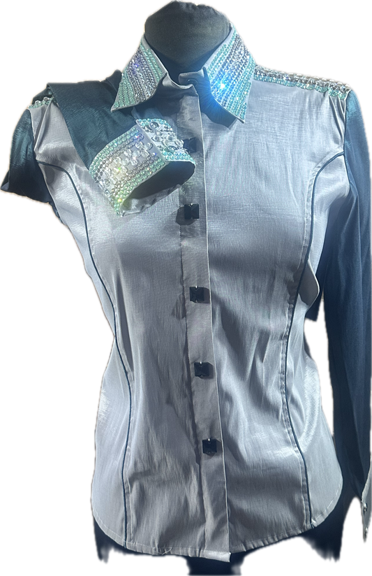 XXL grey silver Stretch Taffeta Day Shirt with hunter green sleeves.