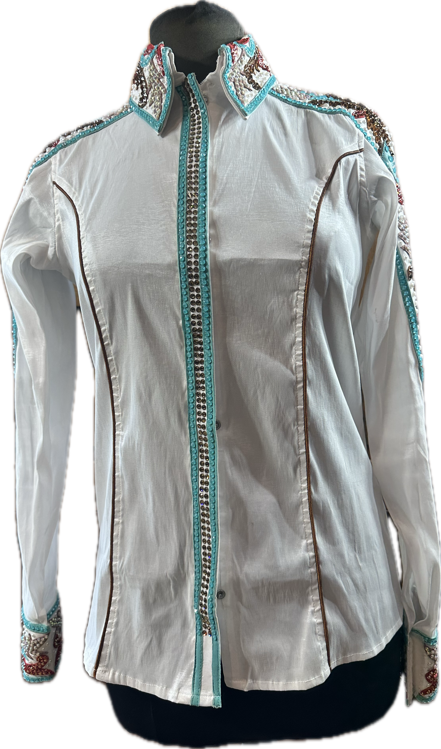 Medium white stretch taffeta day shirt with copper, coral and mint blue accents.