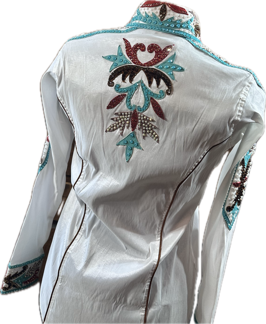 Medium white stretch taffeta day shirt with copper, coral and mint blue accents.