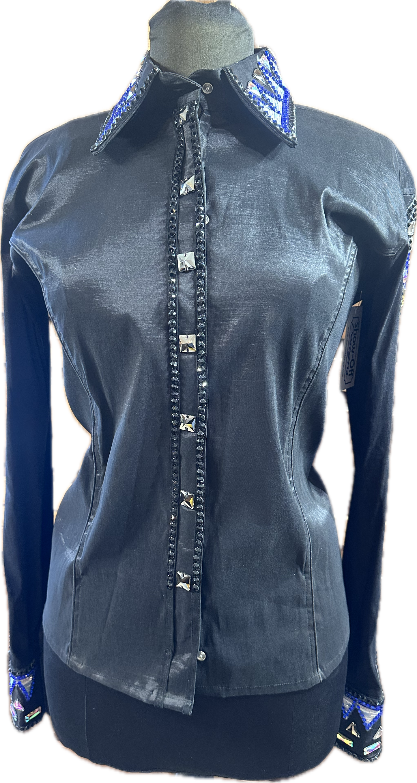 XL black stretch taffeta day shirt with royal blue, gun metal and silver accents