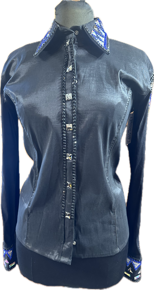 XL black stretch taffeta day shirt with royal blue, gun metal and silver accents