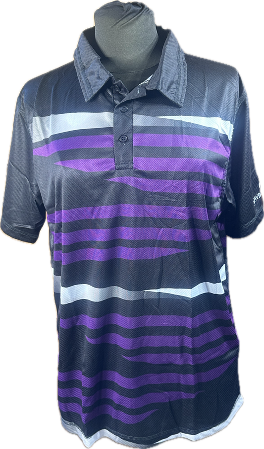 Cowboy Couture polo shirt. Black, purple, white and grey