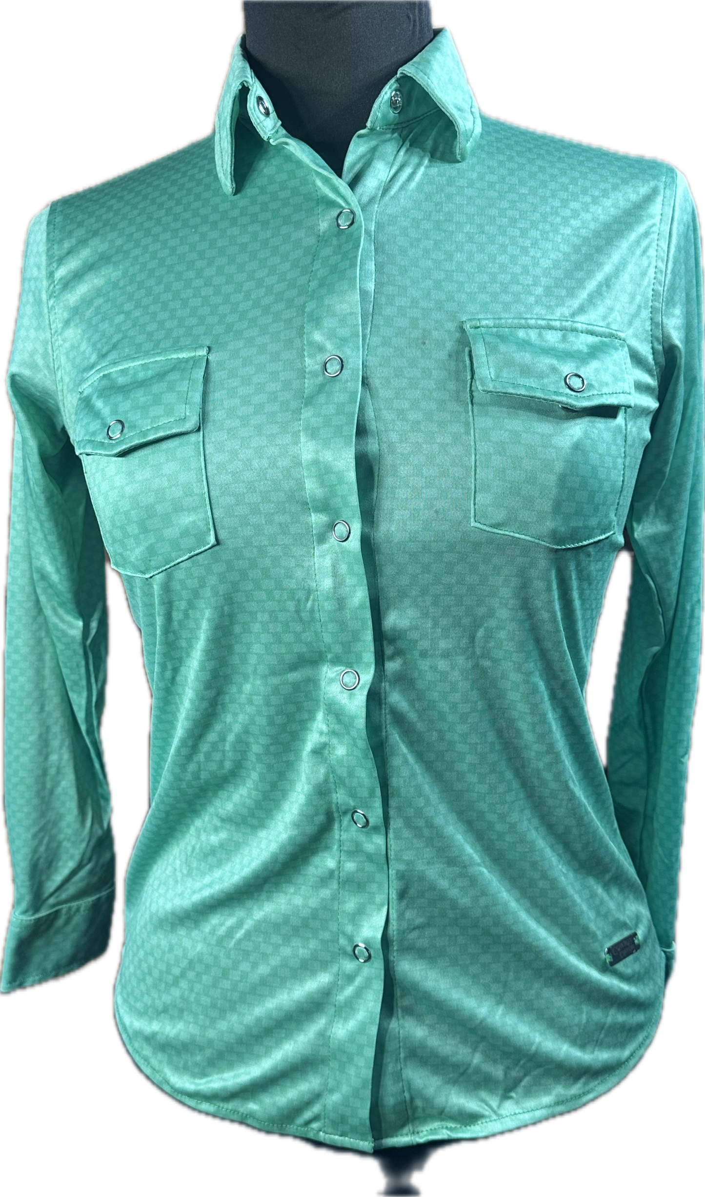 Cowboy Couture Ladie's snap shirt. Mint green graphite pattern