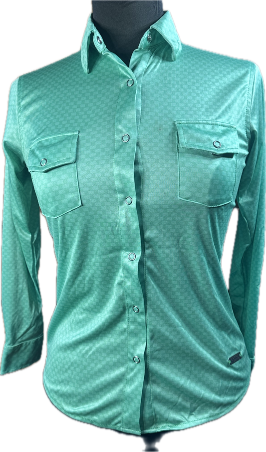 Cowboy Couture Ladie's snap shirt. Mint green graphite pattern