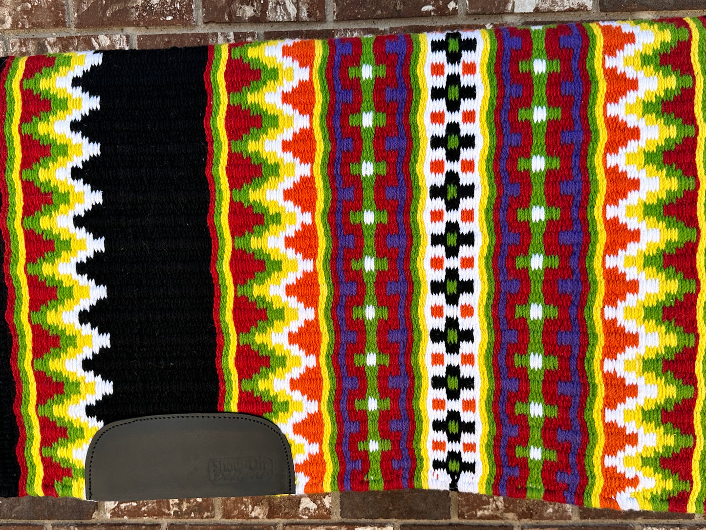 72. Oversized saddle blanket black red yellow lime green purple and white