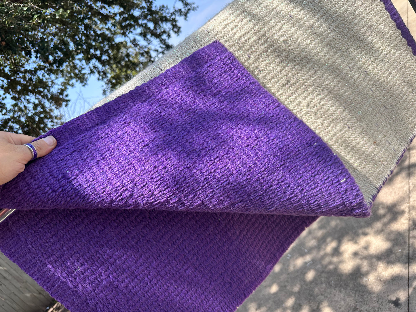 Reversible solid saddle blanket cream glitter and purple