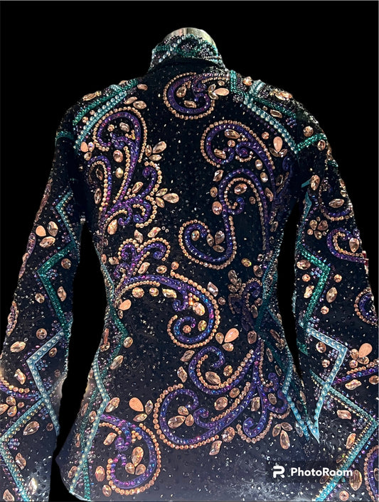 Small Showmanship Jacket. Black with purple, rose gold, teal.