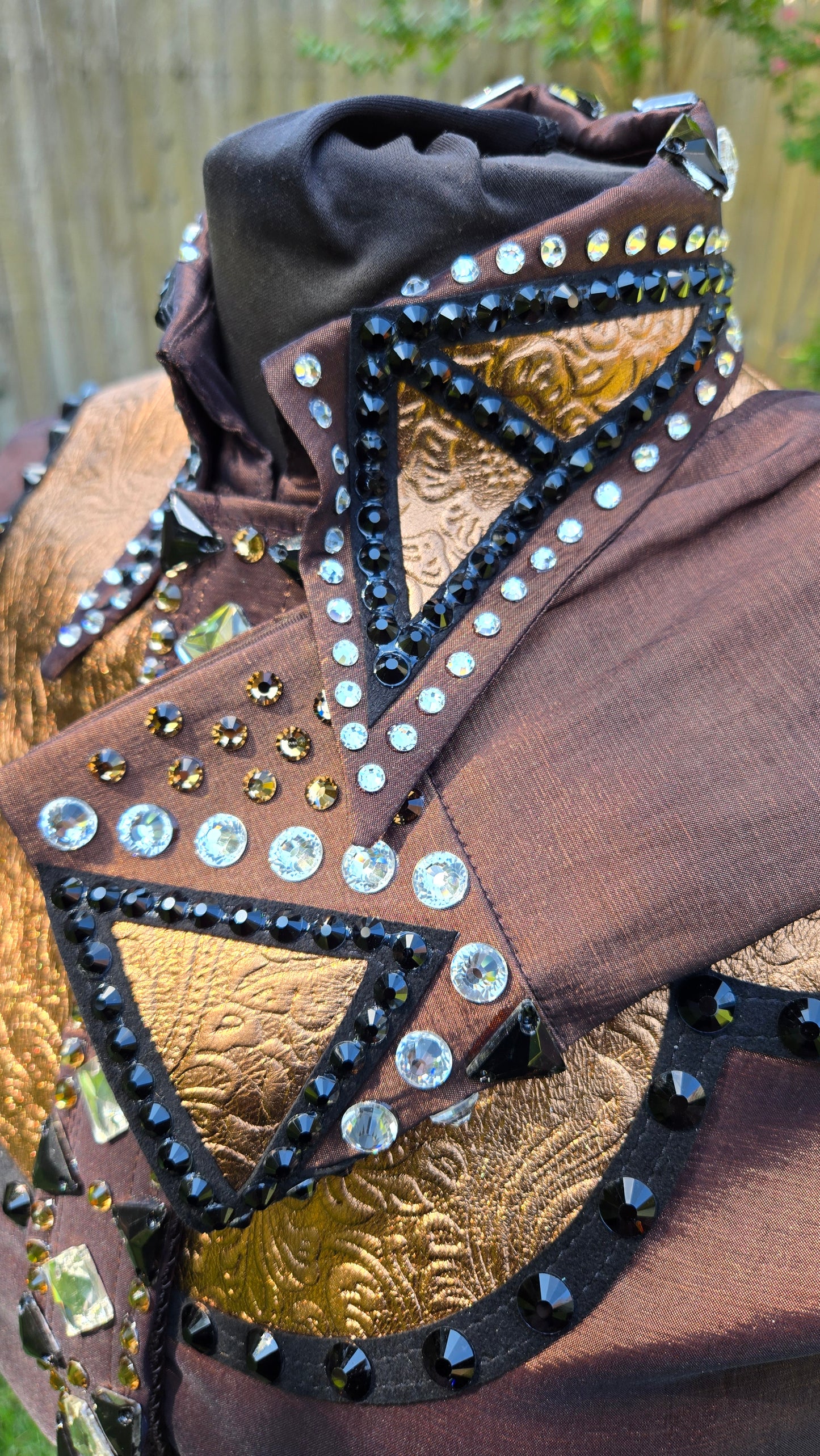 Small Chocolate Brown Stretch Taffeta Day Shirt with black, brown gold, clear, gold paisley pattern