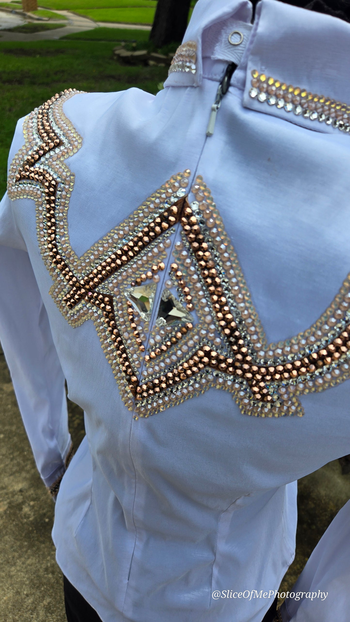 Size Medium White stretch taffeta with gold and clear crystals