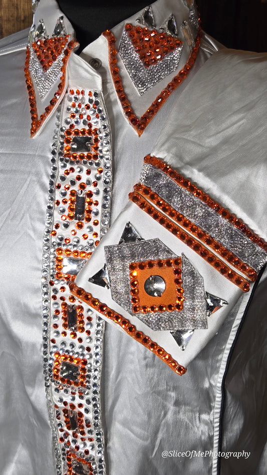 Large Stretch White Satin Day Shirt with Burnt Orange and silver