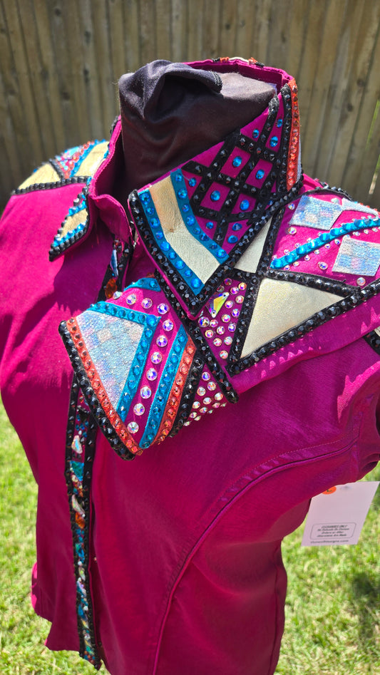 Large Fuchsia Stretch Taffeta Day Shirt Gold, Black, Turquoise, Burnt Orange