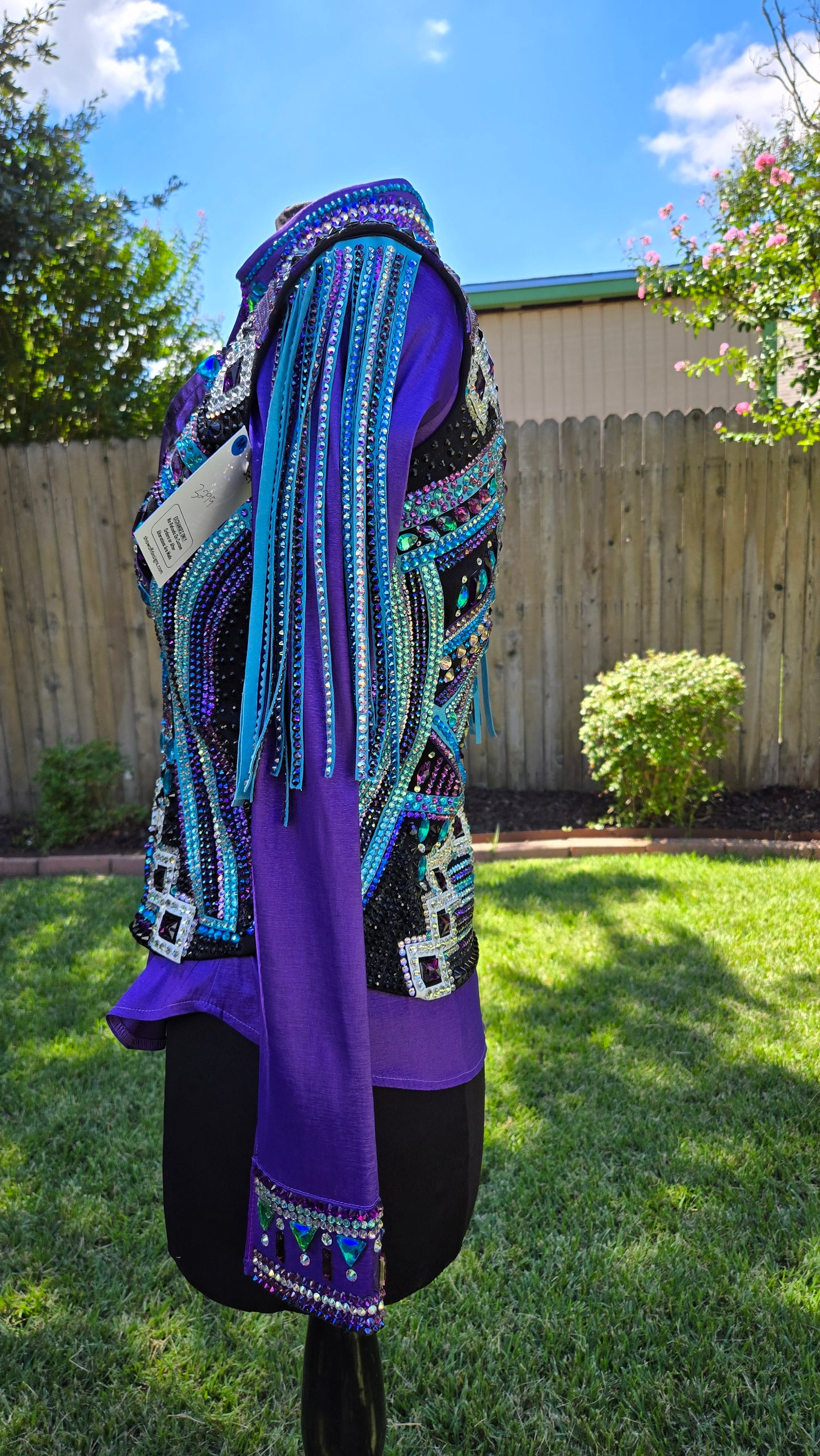 Medium Purple Vest Set Stretch Taffeta Day Shirt with turquoise, black, silver vitrail, with detachable fringe