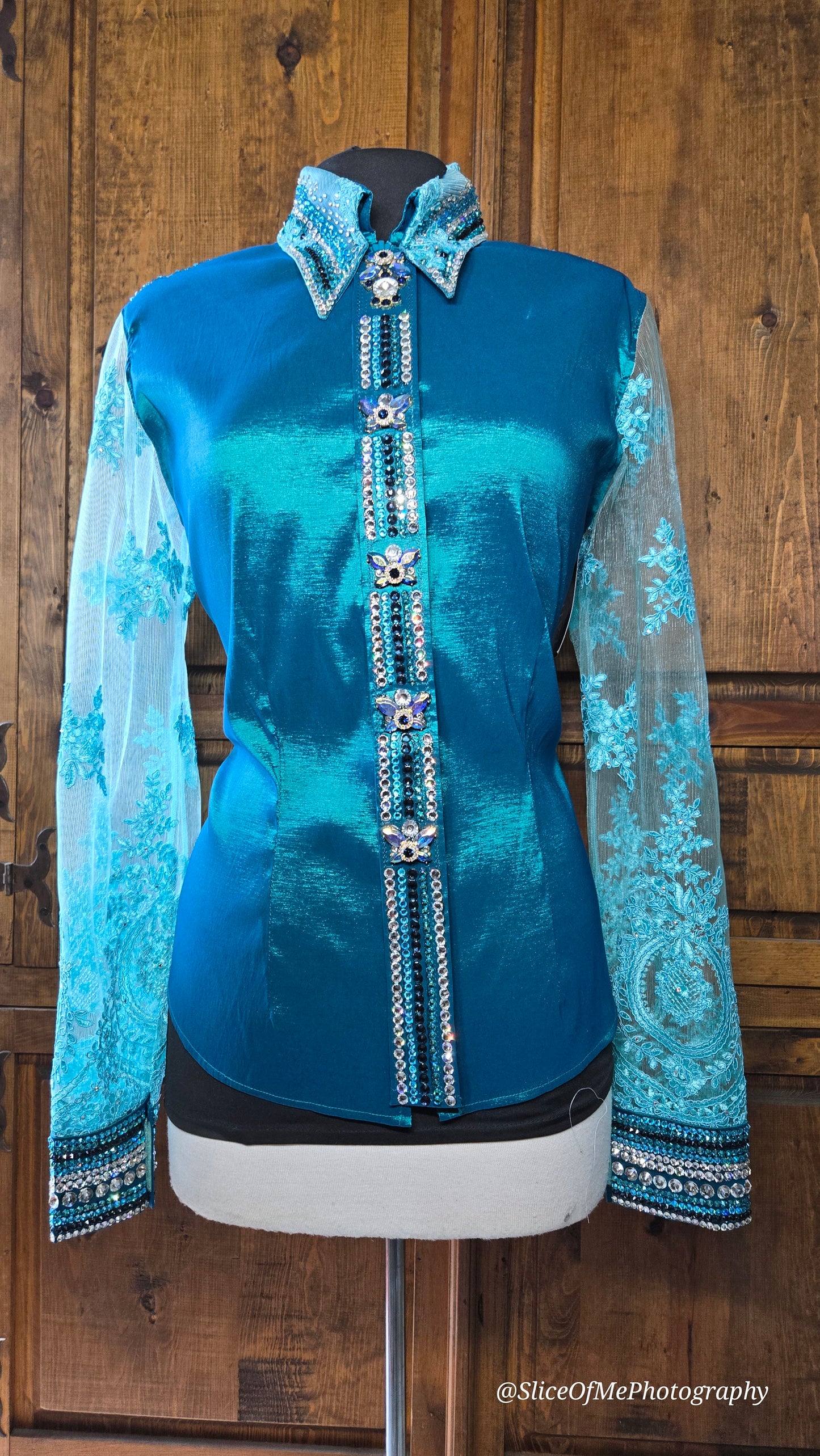 XL Stretch Dark Turquoise Day Shirt with black, silver, turquoise, and lace sleeves