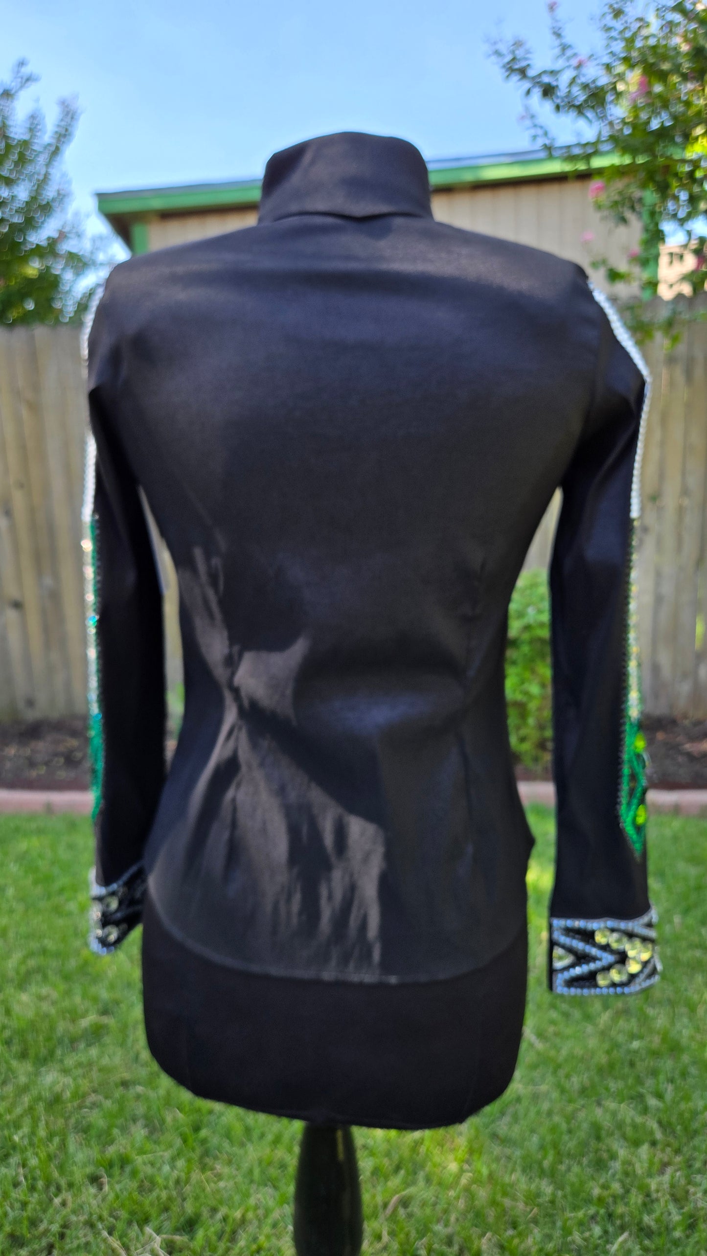 Small Black Stretch Taffeta Day Shirt with White, Emerald Green, Kelly Green, Silver Rose