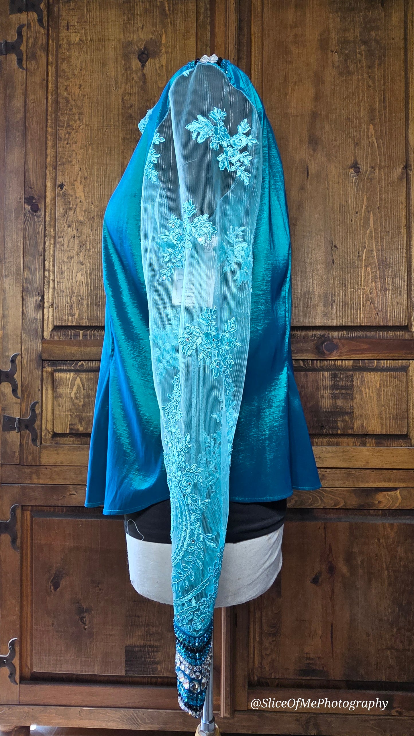 XL Stretch Dark Turquoise Day Shirt with black, silver, turquoise, and lace sleeves