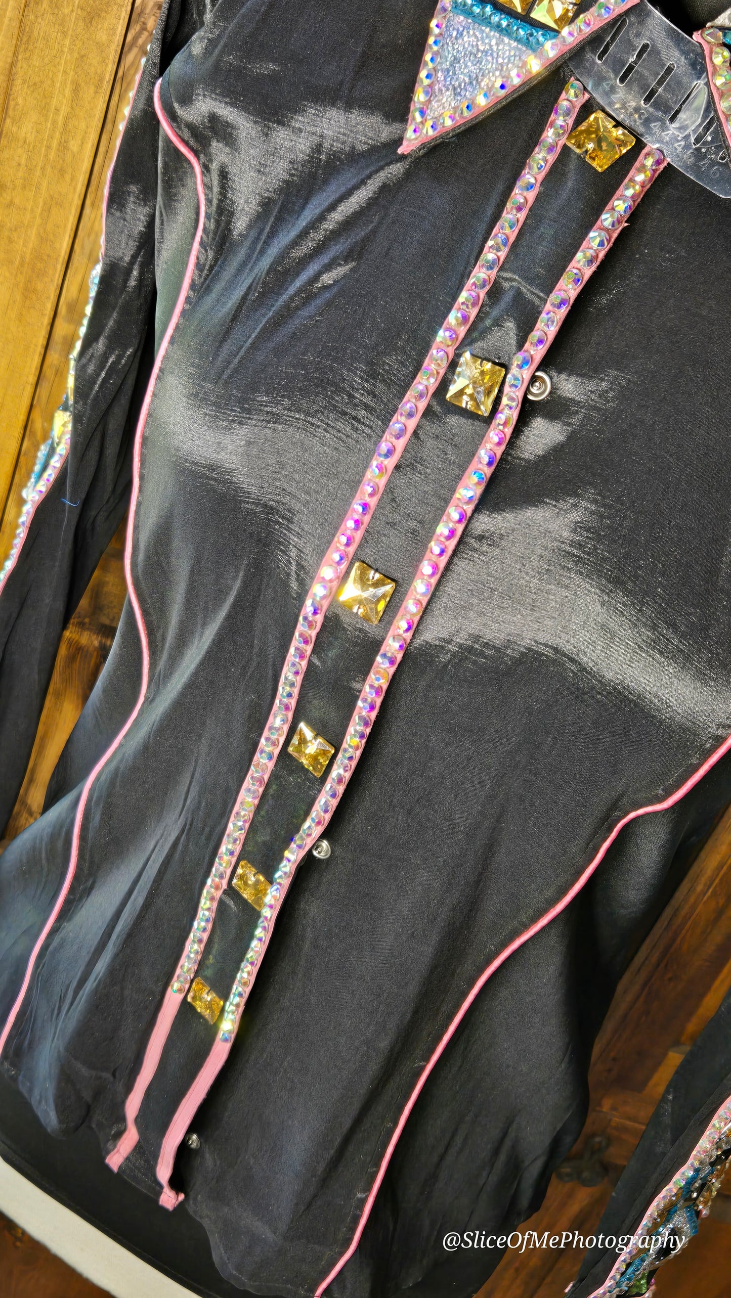 Medium Stretch Taffeta day shirt Black, with green, pink, gold, red, turquoise, silver metallic