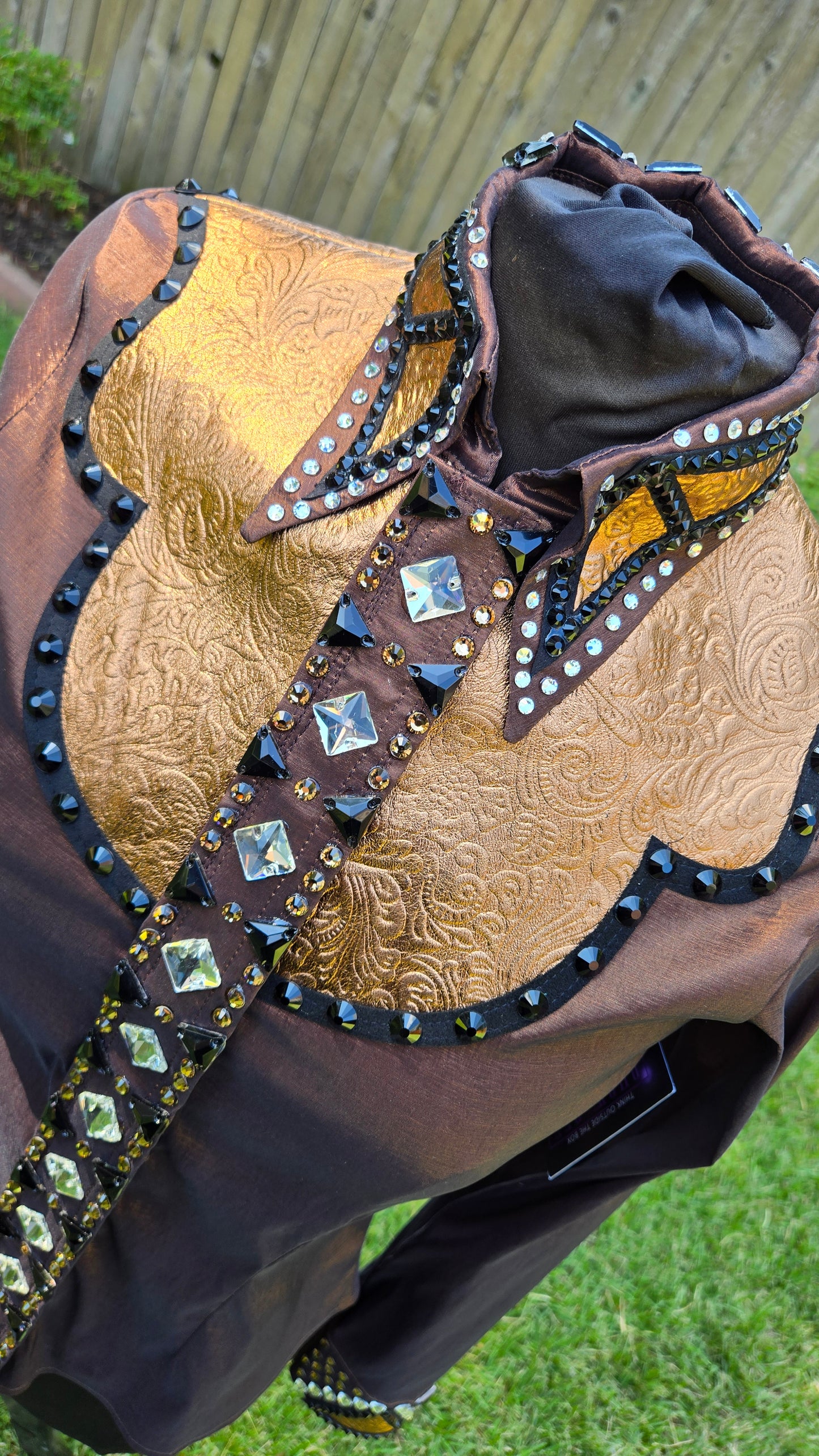 Small Chocolate Brown Stretch Taffeta Day Shirt with black, brown gold, clear, gold paisley pattern