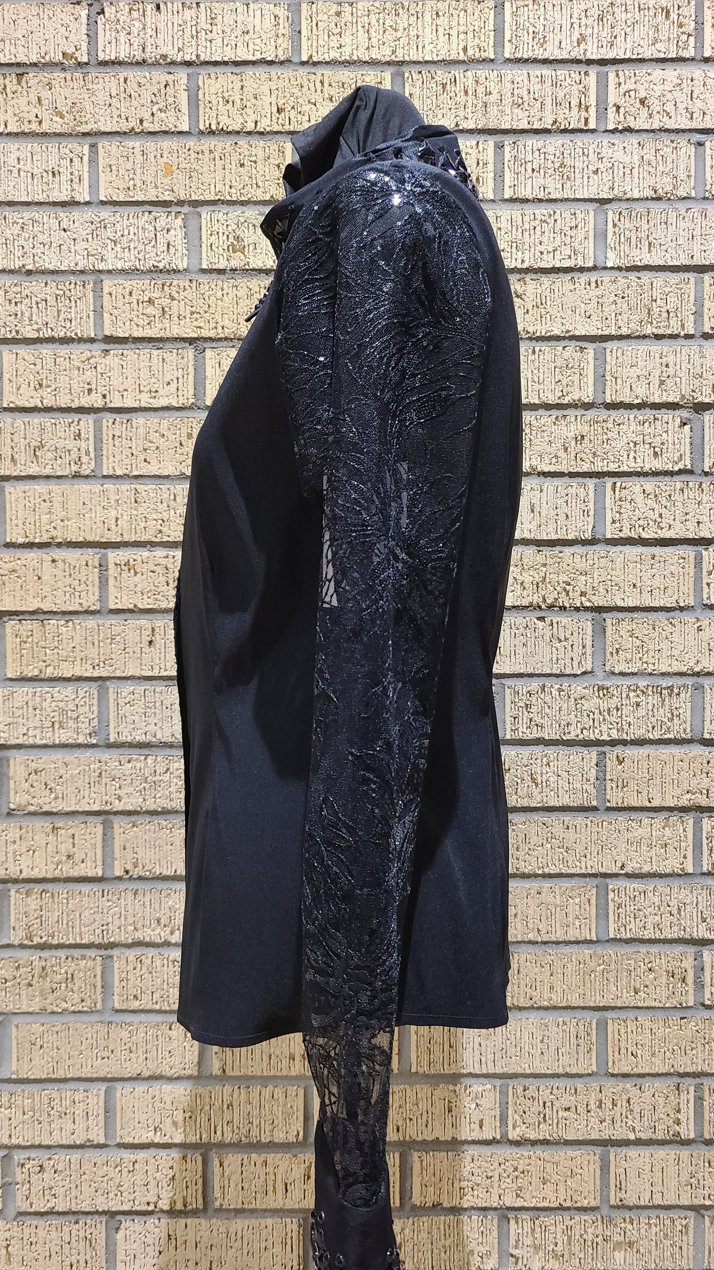 size small black day shirt stretch taffeta with black accents and lace sleeeves