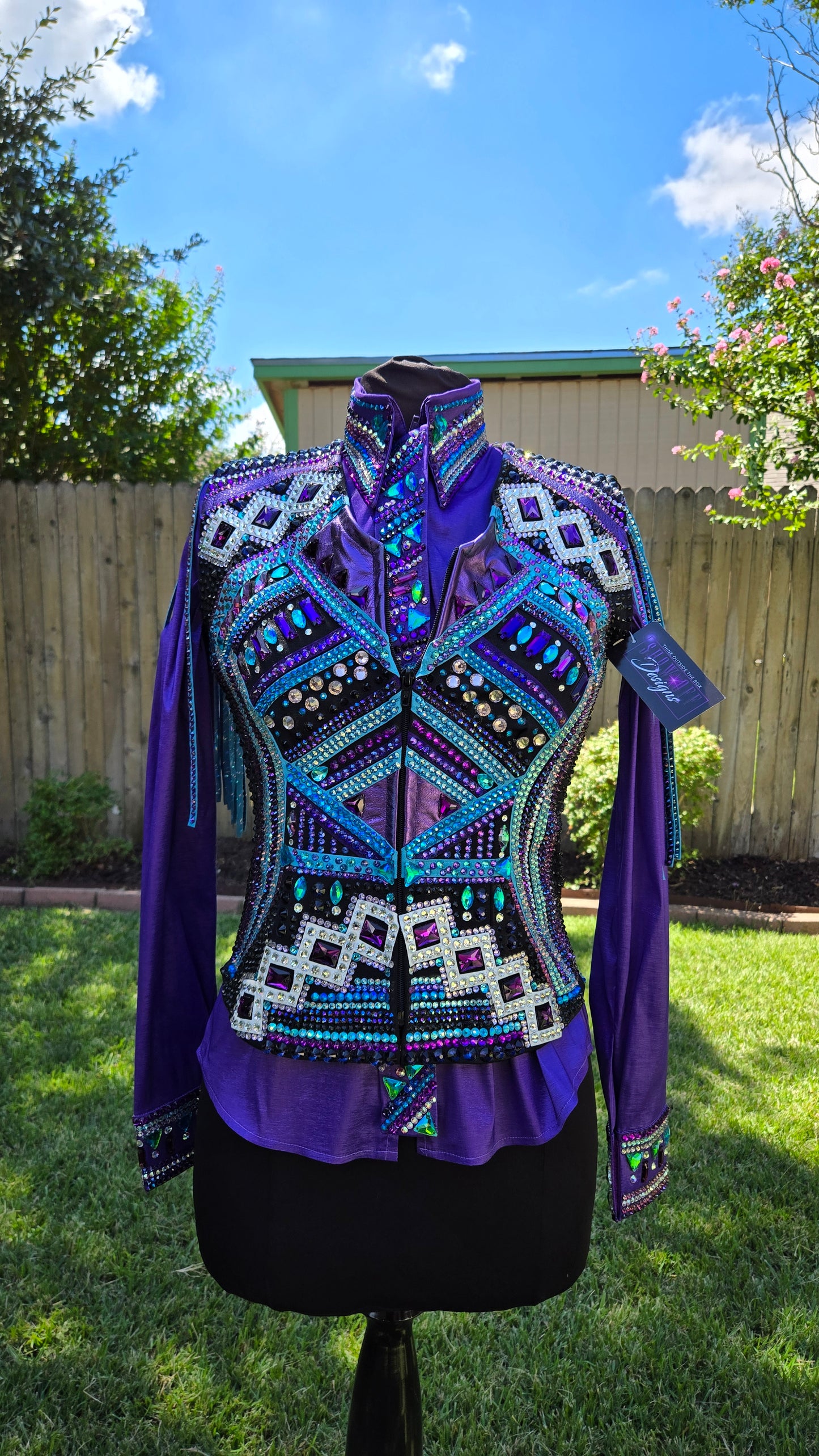 Medium Purple Vest Set Stretch Taffeta Day Shirt with turquoise, black, silver vitrail, with detachable fringe