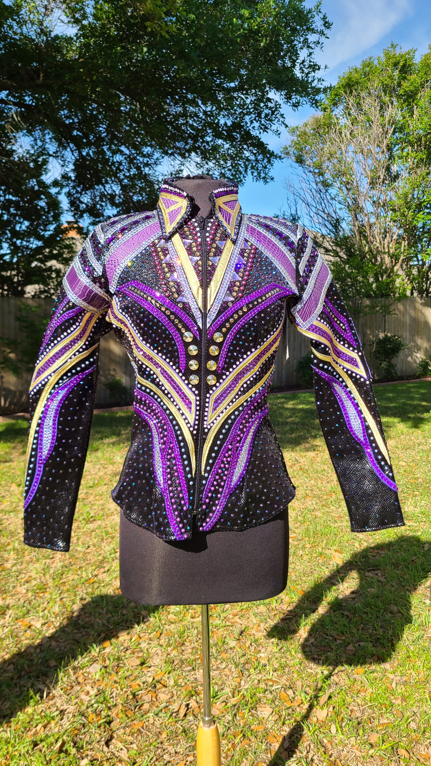 Medium Showmanship Jacket. Black, Purple and Gold