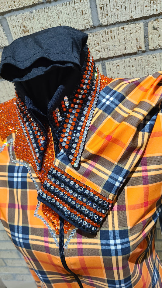 XS Orange and Black Plaid day shirt stretch taffeta with silver and burnt orange design