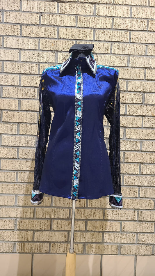 Size Large Cobalt blue day shirt stretch taffeta with turquoise and white