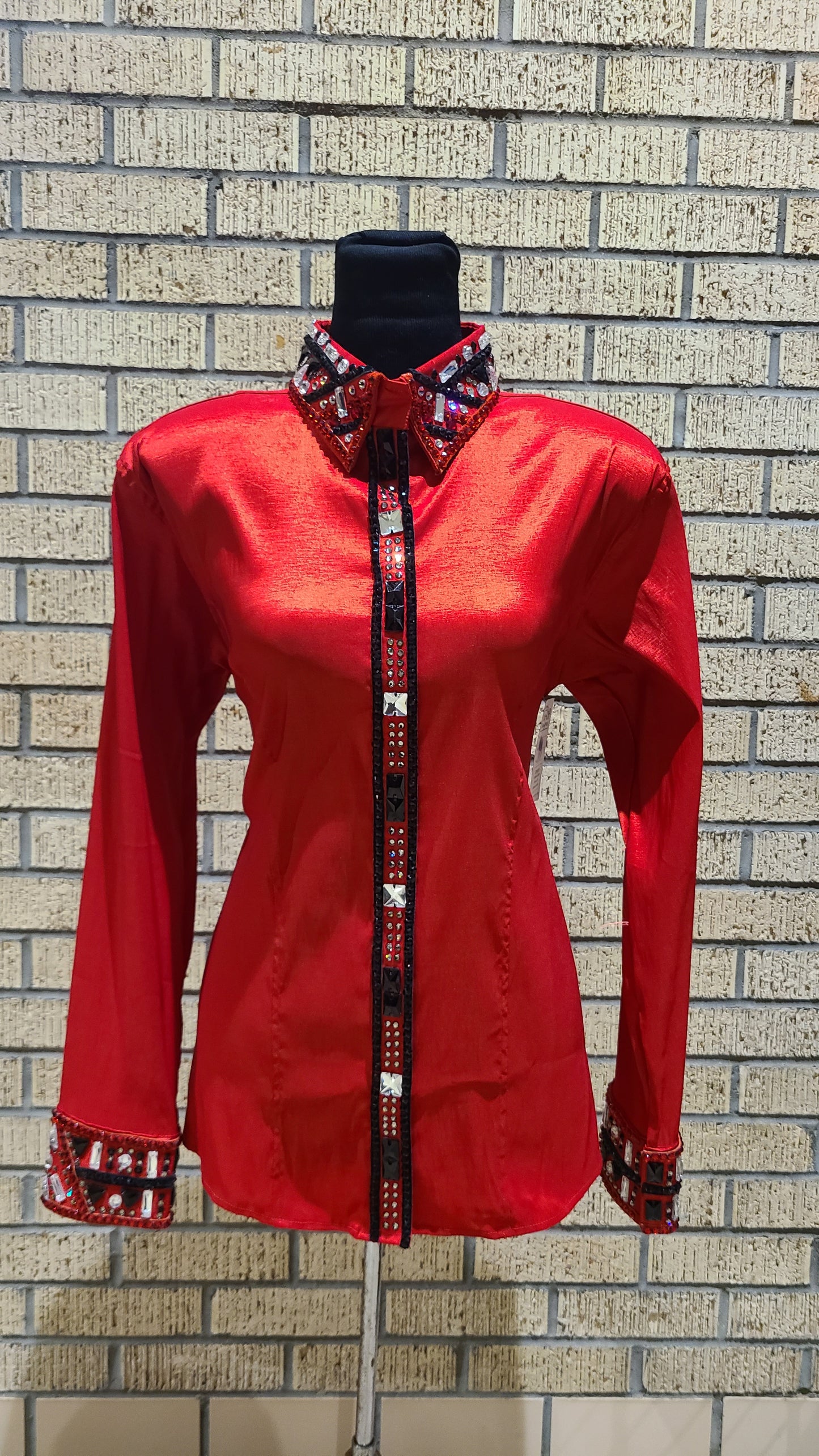 Size Extra Large red taffeta day shirt with black and silver accents