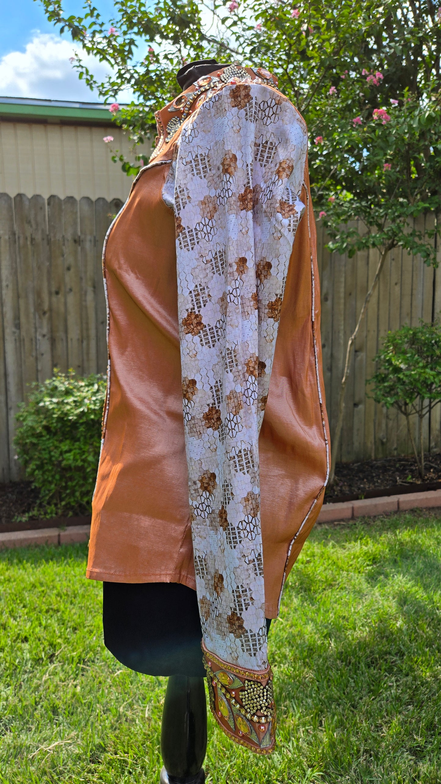 Extra Large Copper Stretch Taffeta Day Shirt with peach, white, silver and Lycra sleeves