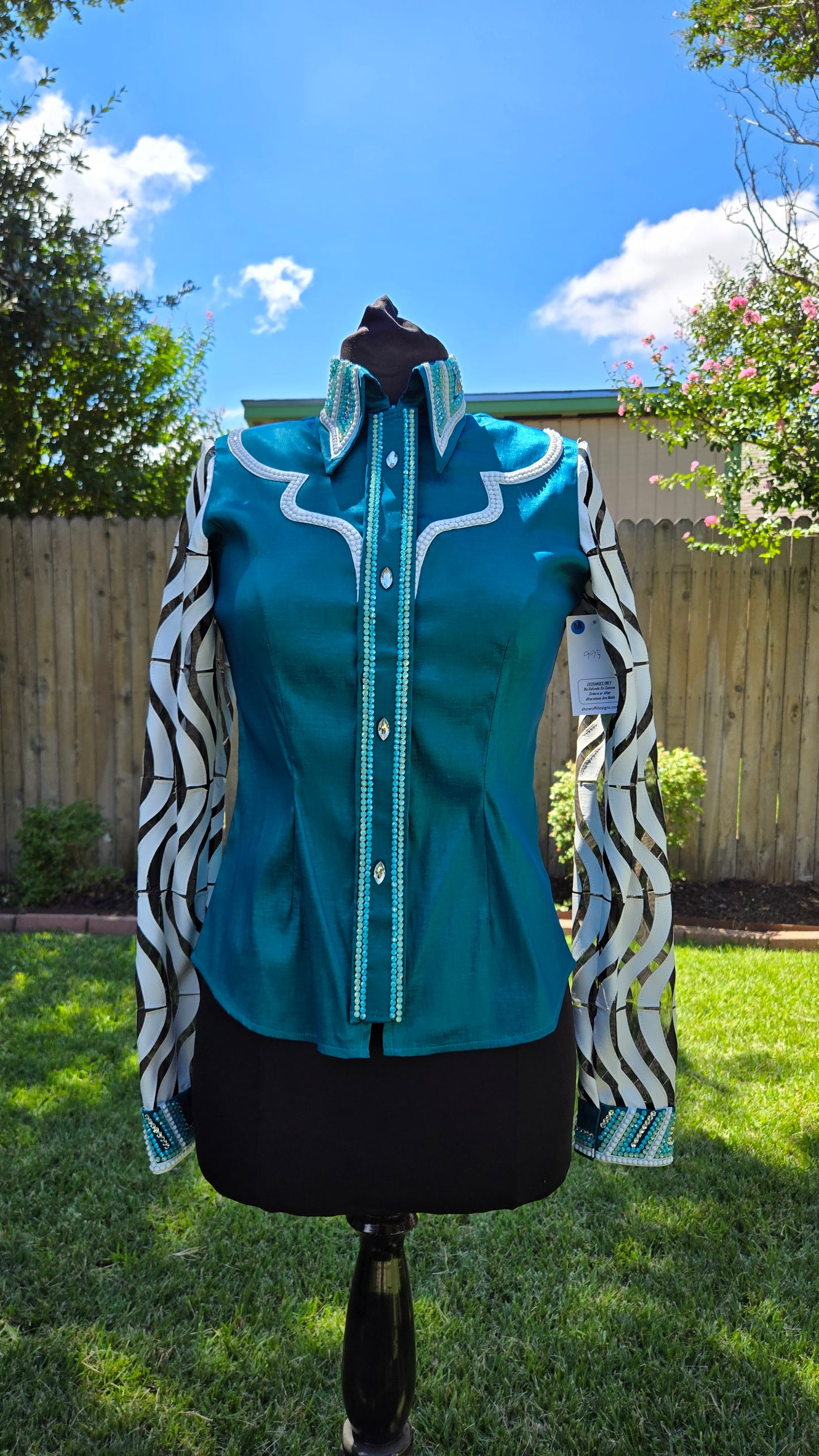 Medium Teal Stretch Taffeta Day Shirt with lace sleeves, leather design, white, sea foam