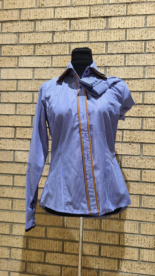 #RHC01 western shirt size 8 blue stripe with french tan trims