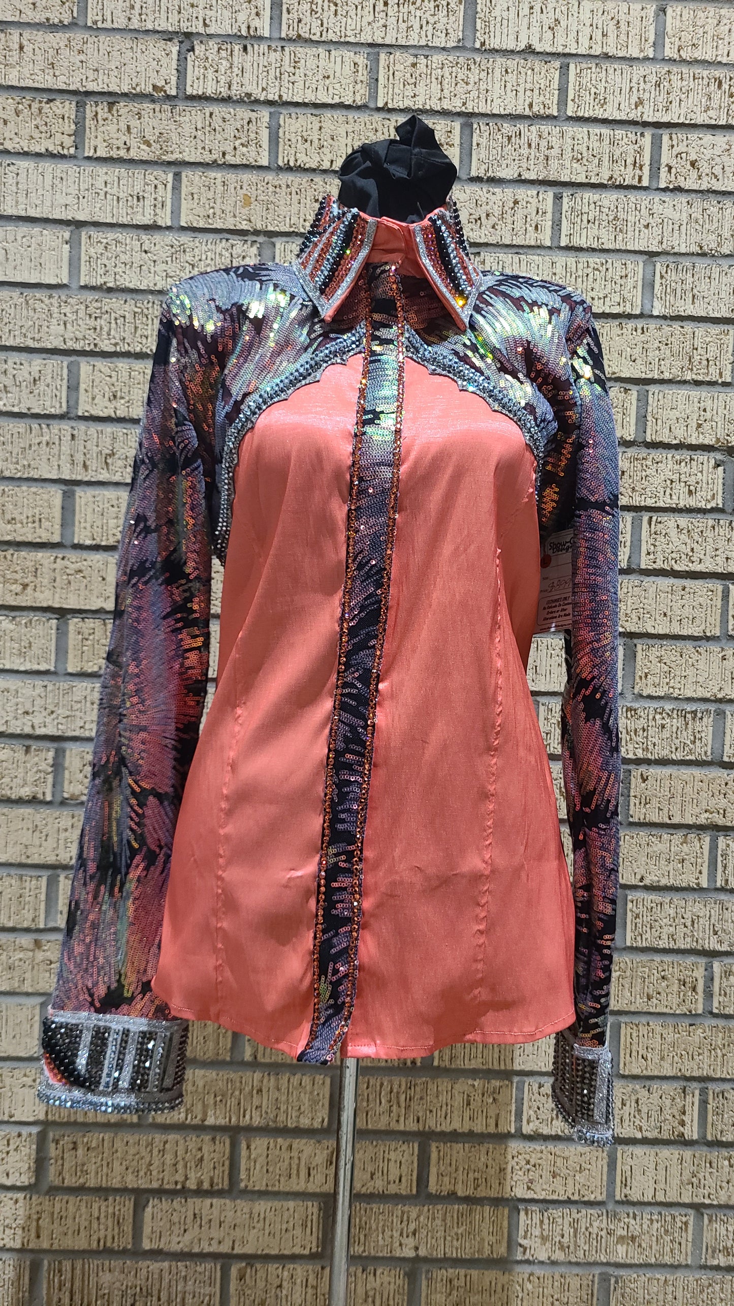 Size Large coral day shirt stretch taffeta with sequin design