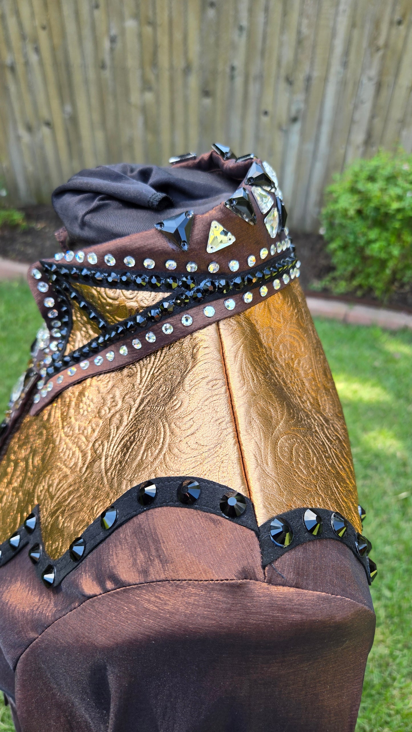 Small Chocolate Brown Stretch Taffeta Day Shirt with black, brown gold, clear, gold paisley pattern