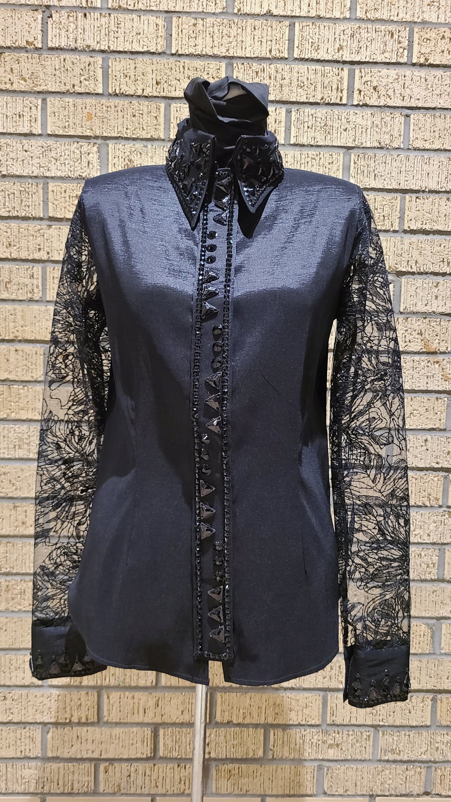 size small black day shirt stretch taffeta with black accents and lace sleeeves