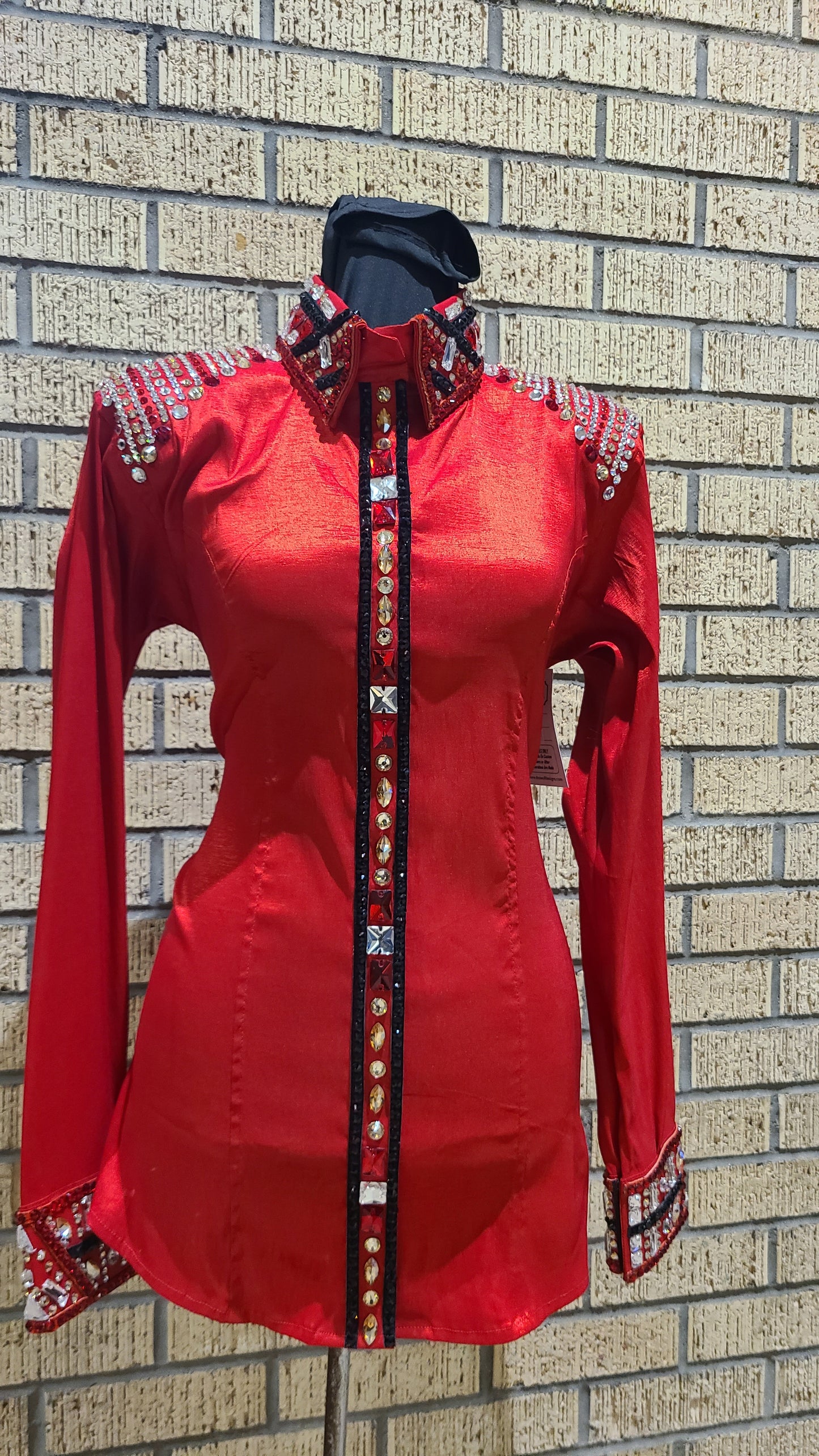 Size medium stretch red taffeta with silver, red and black accents